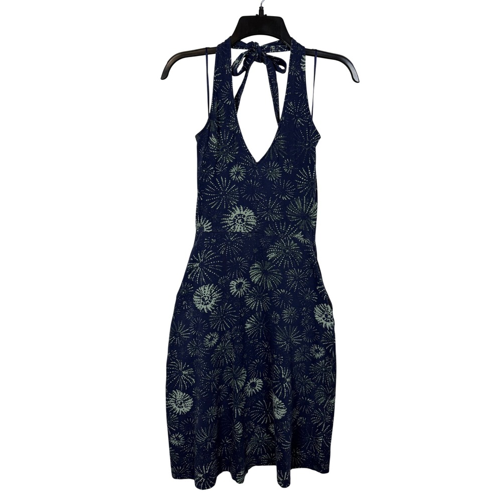 Pact Womens Organic Cotton Halter Dress S Navy Blue Sunburst Print A-Line Mini